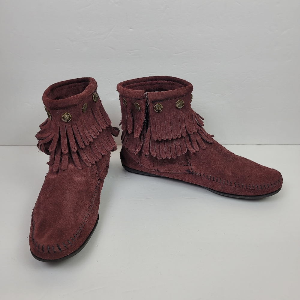 Minnetonka burgundy boho moccasin booties fringe